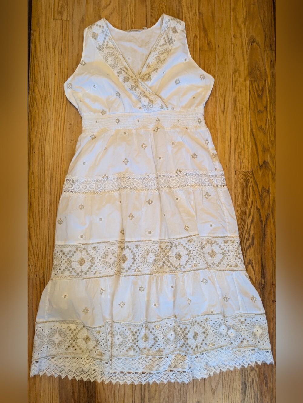Soft Surroundings White Cotton Embroidered Maxi Dress Gold Accents sz PL Boho